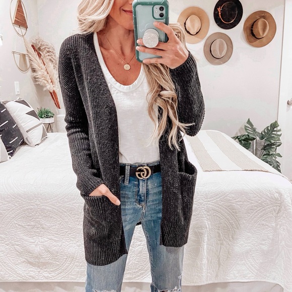 Cozy Ribbed Knit Dark Gray Long Cardigan - Picture 1 of 9